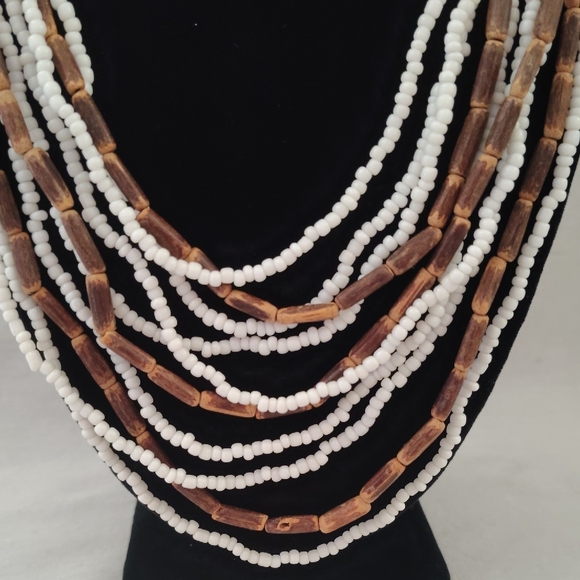 Multi-Strand White and Brown Beaded Statement Necklace - Picture 4 of 7
